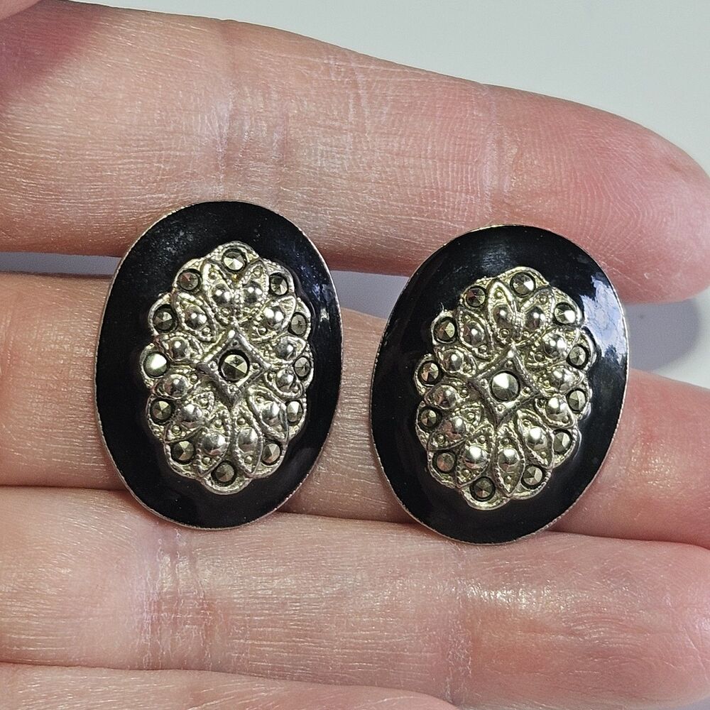 1928 Brand Silver Tone Oval Earrings Gray Rhinestone Black Enamel